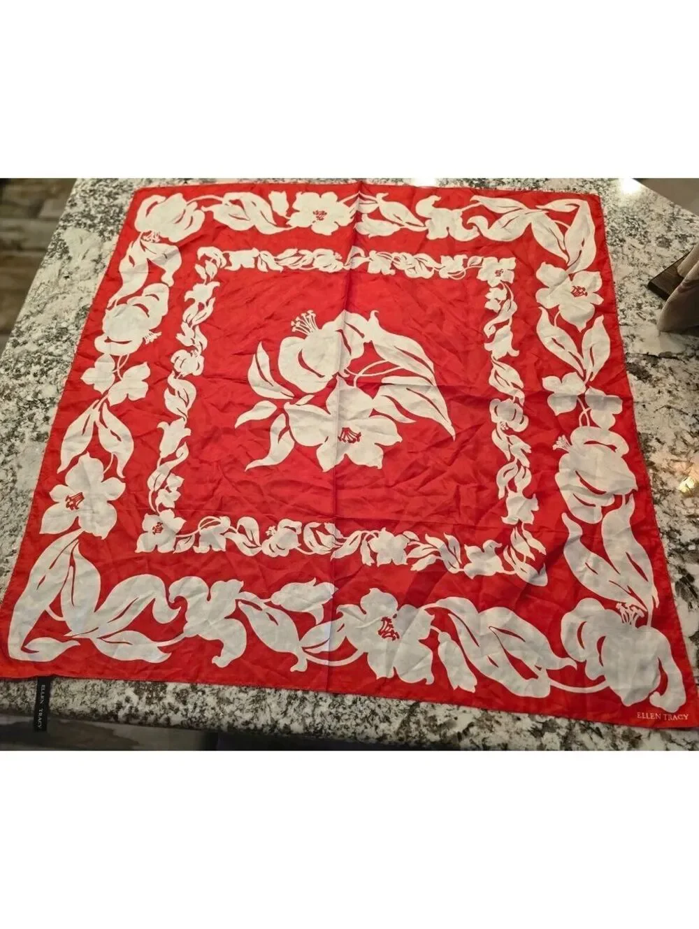 Vintage Ellen Tracy Red White Hibiscus Floral 100% Silk Square Scarf